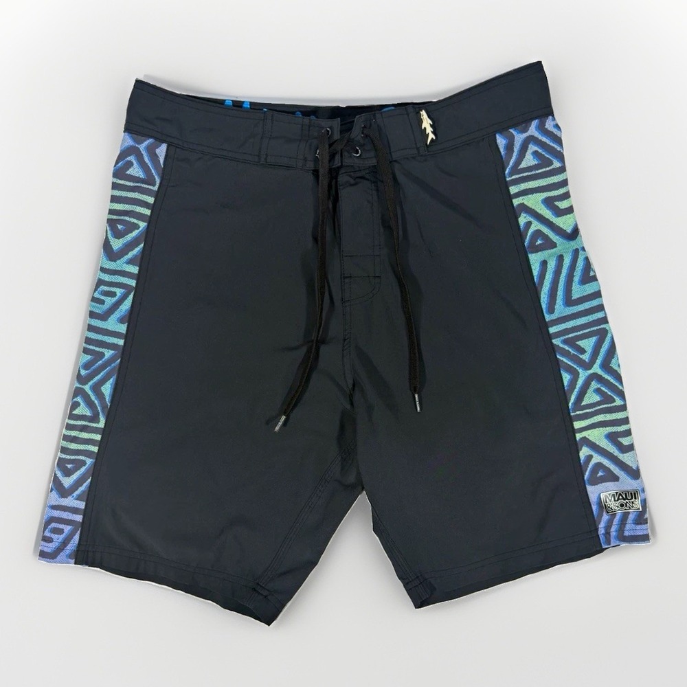 Maui and Sons Mens Board Shorts Geometric Black Blue Green Drawstring Pockets 32